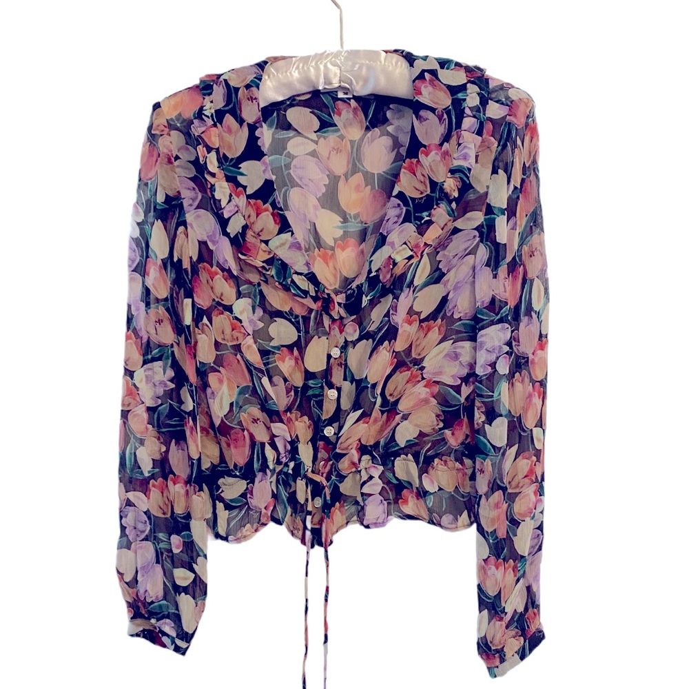 Rouje Floral Sheer Tie-Front Blouse in Black and Pink Tulip